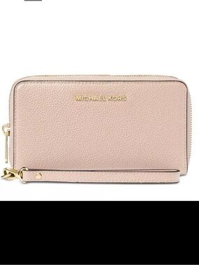 Michael Kors Jet Set Travel Large Pebble Leather Powder Blush zip around wallet